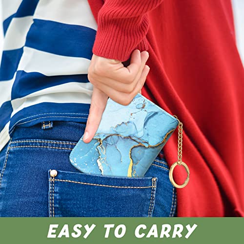 Image of Aiawoxc Credit Card Holder for Women, Small RFID Wallet Slim Leather Card Organizer Case with Zipper Keychain, Light Blue Marble