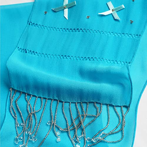 100% Silk Solid Scarf, With Beads_Open Work, Jewel Fringe, 54" L x 8" W2