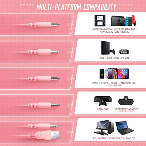 PeohZarr Pink Gaming Headset PS4 Headset Xbox One Headset, PC Headset with LED Lights, Detachable Cat Ear Headphones, Compatible with Xbox One Controller(Adapter Not Included), PS4, PS5
