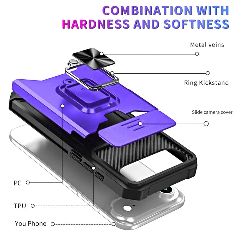 Image of LuxuryKase Shockproof Armor Case for iPhone Air | Slide Camera Cover | Hidden Card Slot | Rotating Ring Kickstand | Magnetic Car Mount Support | Military Grade Protection - Purple