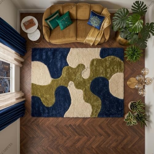Image of Tauhid Carpet Super Soft Microfiber Shaggy Area Rug Modern Abstract Green Blue & Cream Plush Carpet | Fluffy Floor Rug for Living Room, Bedroom 6x9 Feet.