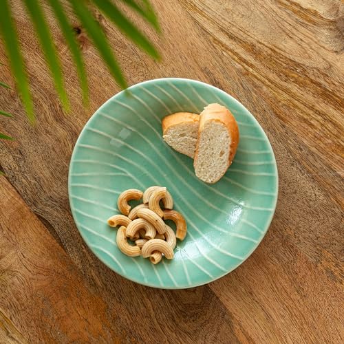 Image of ExclusiveLane 'Caribbean Green' Hand Glazed Ceramic Pasta Bowls /Plates (Microwave & Dishwasher Safe) | Hand-Etched Bowl for Serving Bowl /Plates for Kitchen Snacks Serving Bowl Ceramic Serveware