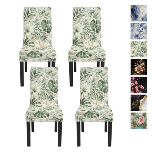 Image of Tropical Leaf Dining Chair Covers Set of 4, Green Palm Slipcovers