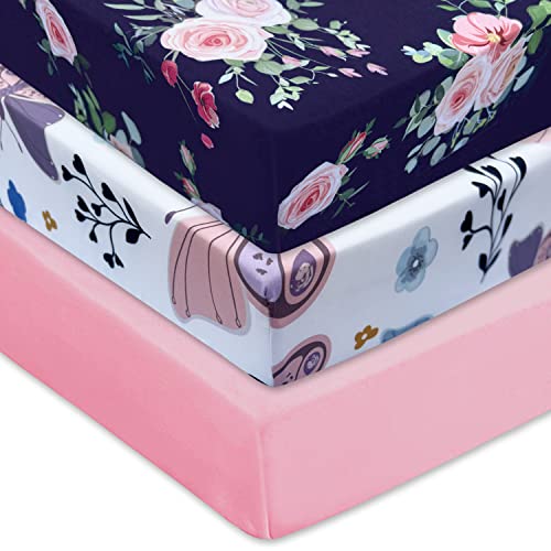 Amrose 3 Pack Heavenly Soft Crib Sheets For Baby Girls, 28'' X 52'' Fitted Crib Sheets For Crib And Toddler Mattress Pad, Silk Touch Gentle Breathable Microfiber, Floral & Butterfly #TOP6