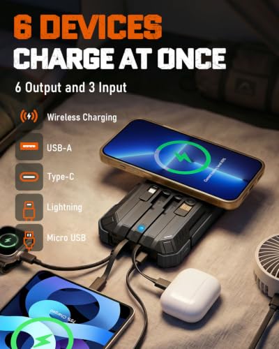 Image of Solar Charger Power Bank - 49800mAh Solar Phone Charger with USB-C in /Output, QC 3.0 Fast Charging with LED Flashlight, Built-in 4 Cables, IP65 Waterproof Fits for Outdoor (Black)