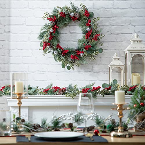 Lohasbee Artificial Christmas Wreath, 22" Pine Cone Grapevine Glitter Wreath With Bells, Red Berries Eucalyptus Boxwood For Front Door Winter Greenery Home Hanging Wall Party Decor #TOP2