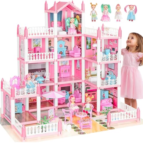 Doll House Dream Dollhouse for Girls Pretend-Play DIY Dollhouse Kit - 4-Story 11 Rooms Playhouse with 4 Dolls Toy Figures Furniture and Accessories Set (Big Pink Dollhouse)