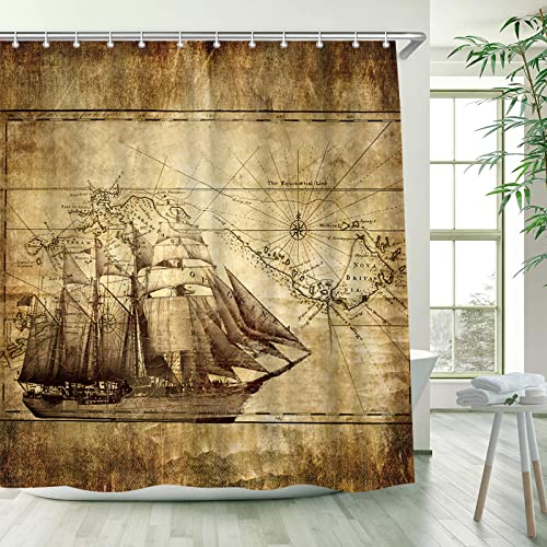 Artbones Nautical Shower Curtain Ocean Sailing Boat Compass And Map Pattern Waterproof Polyester Fabric Bath Curtain Set Vintage Brown 72X72Inch #TOP2