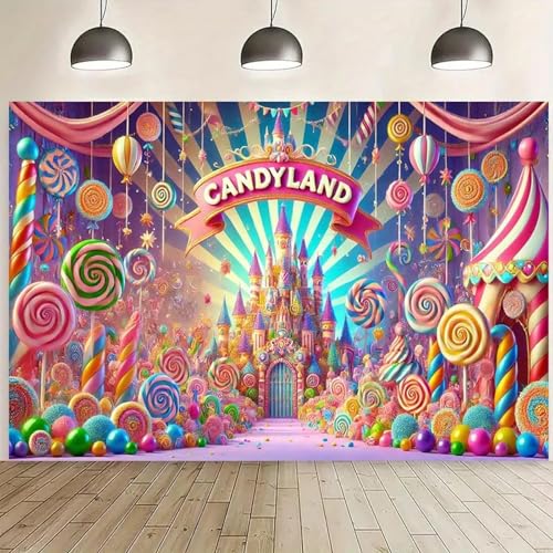 Banner de Fondo de Tela de poliéster de Candy Country: Vibrante Escena de Castillo de Dulces con Caramelos y Globos de Colores. 240X180cm