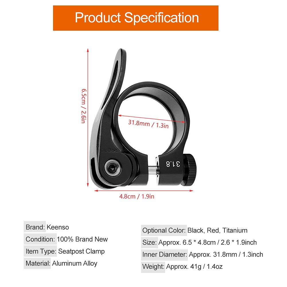 Keenso Mocowanie drążka rowerowego, CX-18 szczypce do siodełka ze stopu aluminium 31,8 mm szybkie zwolnienie roweru szosowego, zacisk do siodełka rowerowego (czarny)