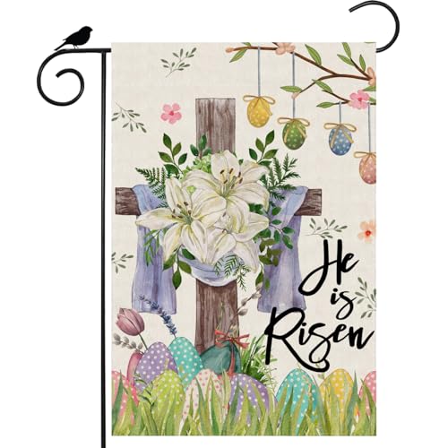 ZAEW He is Risen Easter Watercolor Cross Grass Lily Flowers Grass Colorful Eggs Spring Garden Flag Yard Flag 12x18 Inch Double Sided Small Mini Yard Outdoor Outside Holiday Decoration