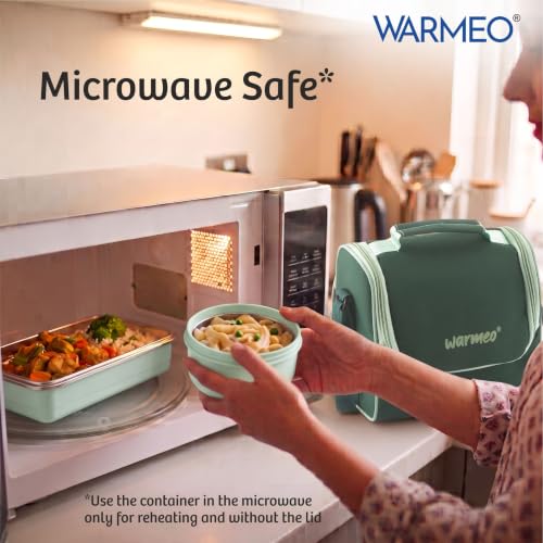Image of WARMEO Micro Meal Microwave Safe Lunch Box | 1 Rectangular Container 600ml + 2 Round Containers 350ml Each + 1 Round Container 250ml + 1 Steel Tumbler 500ml | Office,School,Picnic,Green