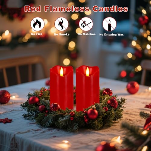 Image of Red Flameless Candles Set of 2, 6 inchx3 inch Christmas Candles with Remote & Timer