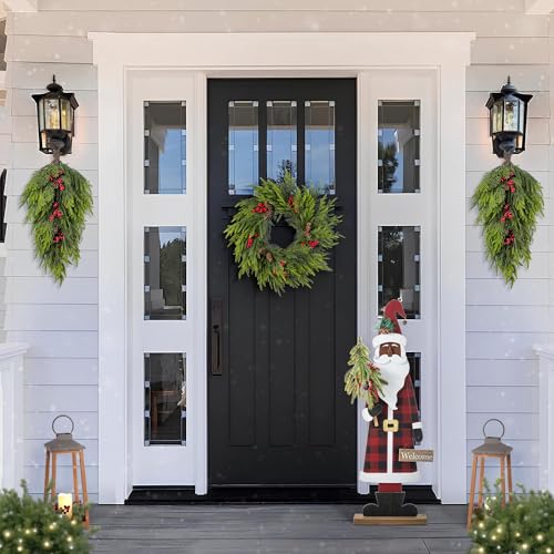 Image of Glitzhome 36''H Lighted Wooden Africa Santa Porch Decor with Timer & LED Lights, Christmas Standing Santa Porch Sign Decor with Xmas Tree and Welcome Plaques for Front Door Outdoor Decor