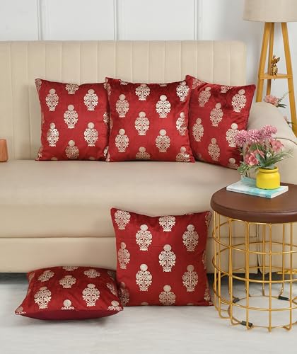 Image of DEVSANG Foil Velvet Cushion Covers 12 inch x 12 inch Set of 5 pc, Maroon