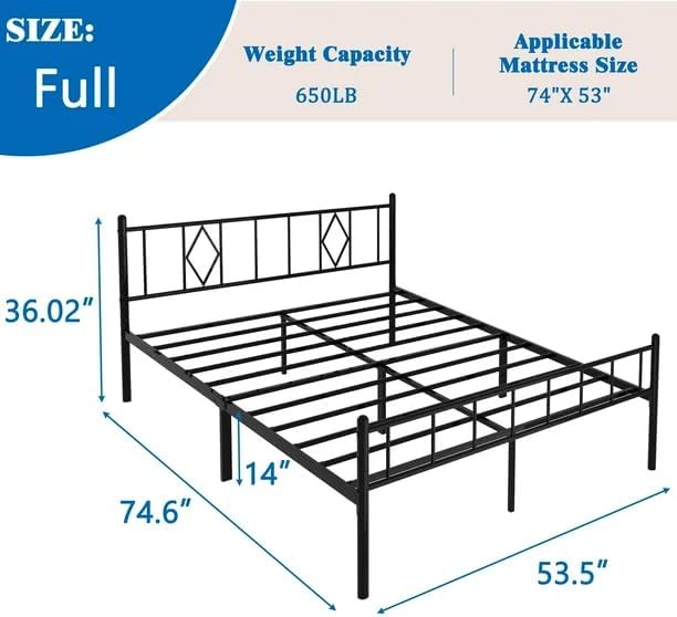 Miniatura 2 de Marco de cama de plataforma de metal, marco de cama matrimonial de 14 pulgadas con almacenamiento debajo de la cama, soporte de colchón de listones