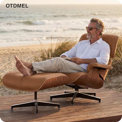 Image of Luxury Top Brown Grain Leather, Mid Century Chaise Lounge Chair and Ottoman, Modern Chair Classic Design, Walnut Wood, Heavy Duty Base Support for Living Room Office