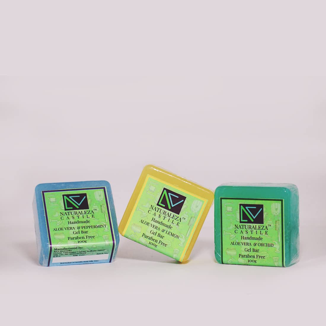 NATURALEZA CASTILE Handmade Aloe Vera Gel Bar pack of 3 (Orchid:Lemon:Peppermint, 100g each)