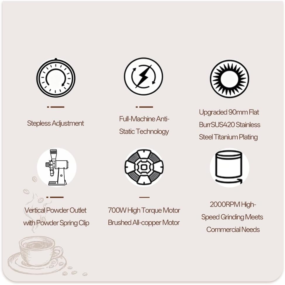 G290F-H Commercial Coffee Grinder, 90mm Titanium-Plated Flat Burrs, 700W All-Copper Motor, Aluminum Construction, Stepless Adjustment, Anti-Static Technology, Vertical Dosing for Espresso, EK-43