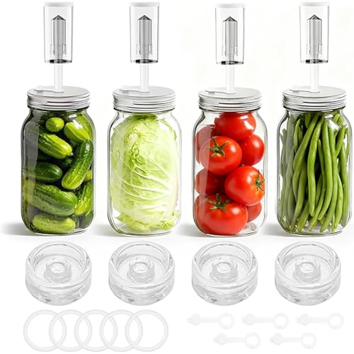 Dobyusf Fermentation Kit for Wide Mouth Mason Jars 4- Complete Pickling & Sauerkraut Set with Glass Weight Stainless Steel Lid Air Lock Valve Silicone Seals (Jar Not Included)