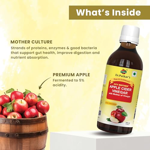 Image of Dr Patkar's Apple Cider Vinegar with Mother |Amber Glass Bottle| Raw & Unfiltered | Fermented Apples | Daily Wellness Vinegar | 200 ml