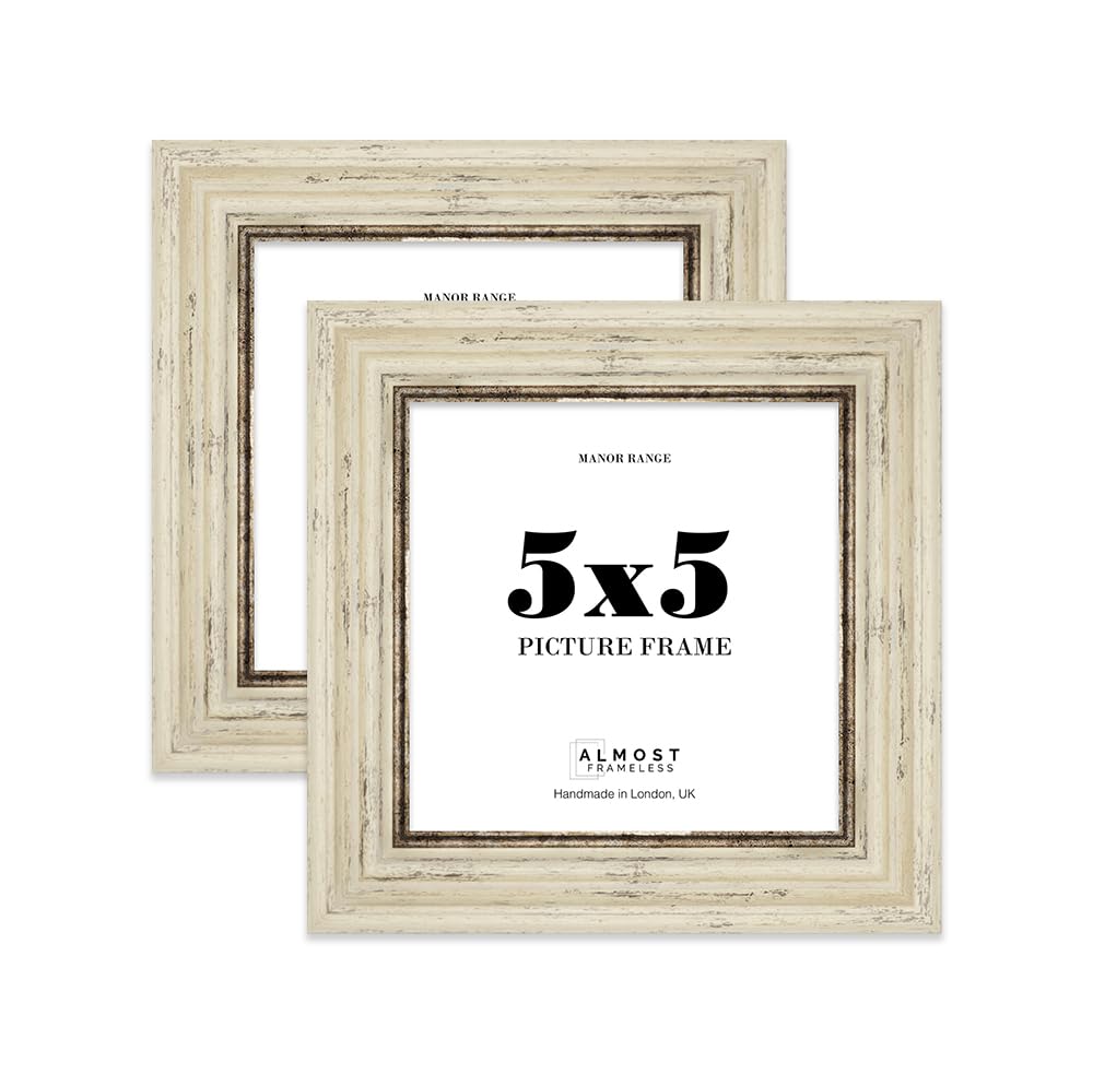 5x5 Picture Frame, Display 5x5 Pictures (12.7 x 12.7cm) - Distressed Cream Elegant 42mm Edge Ideal for Home Gallery Display - 2 Pack