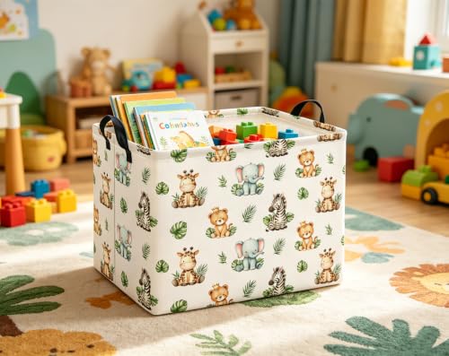 Image of Rectangular Kids Basket Baby Girl Basket Fabric Storage Bin Organizer Box Room Decor(Leaf Animal)