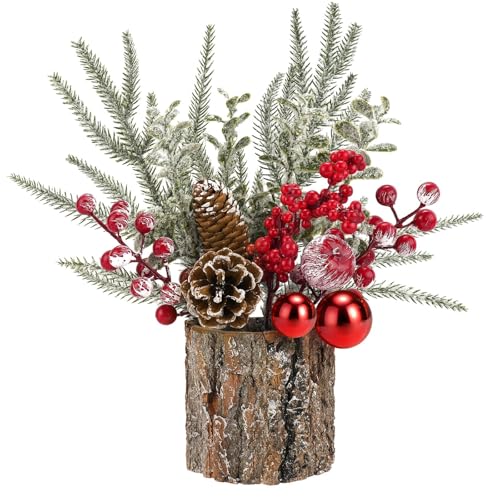 Mljsh Small Christmas Table Centerpiece with Pinecones & Red Berries, Rustic Farmhouse Christmas Centerpieces for Coffee Bar, Mantel, Kitchen Island,Window Sill & Entryway Table Holiday Decor (1pcs