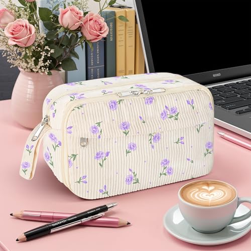 Image of WOBAGMEN Cute Pencil Case,Large Corduroy Zippered Pencil Case Pouch, aesthetic Pencil Bag with Compartments, Pencil Pouch School Supplies (HY-corduroy pc-purple floral)