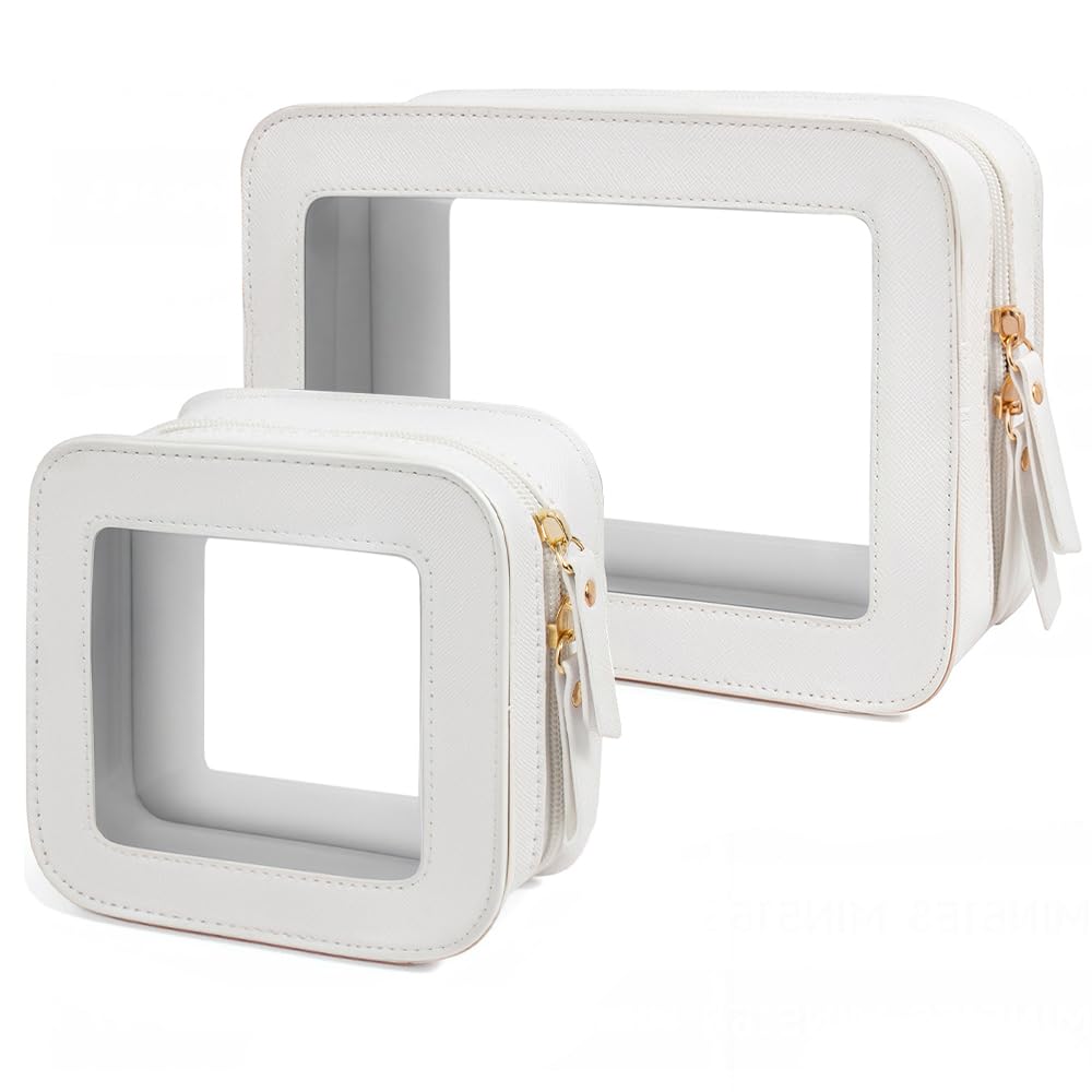 FFpaw 2 Pcs Travel Clear Makeup Bag Set, Clear White Makeup Organizer with Zipper Leather Travel Bags for Toiletries Small Cosmetic Bags for Women