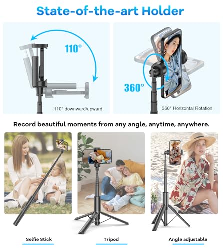 عصا سيلفي ثلاثية القوائم 170 سم، حامل أحادي الرجل متعدد الاستخدام بتصميم خفيف الوزن للهواتف الذكية، قابل للتمدد مع جهاز تحكم لاسلكي من الألومنيوم بدوران 360°، لايفون واندرويد، أسود من تونوف