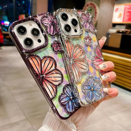 Image of mobistyle Designed for iPhone 14 Pro Cover| Electroplating Colourful Flower | 3D TPU Camera Protection Back Cover Case iPhone 14 Pro for Women Girls (Purple)