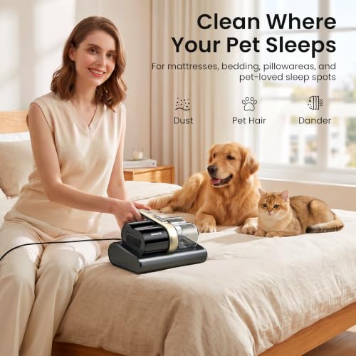 Image of HEAPETS Mattress Vacuum Cleaner, 16Kpa Bed Vacuum with 275nm UV-C Light & 149℉ Heat & Ultrasonic, Dual High-Speed Roller Brushes & H13 HEPA Filter for Pet Hair, Bed, Sofa, Couch, Corded Black