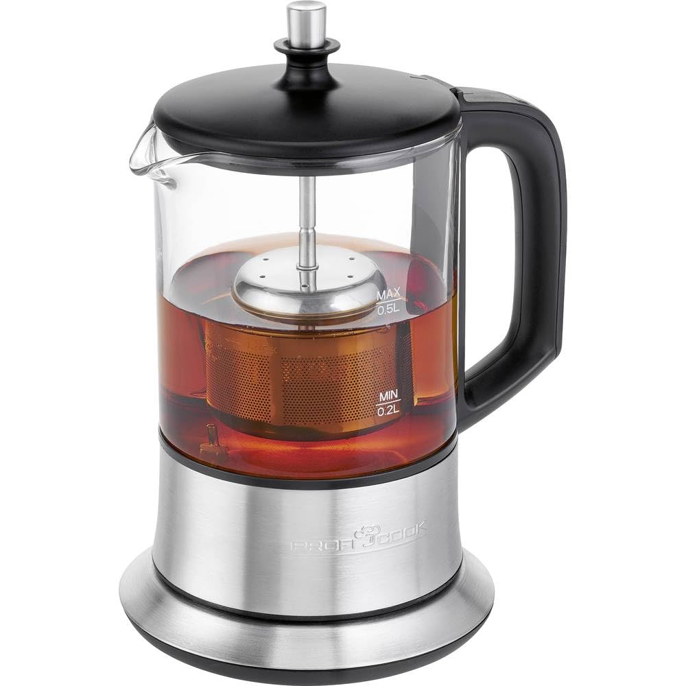 Profi Cook PC-TK 1165 1165-2 - Hervidor de agua y té (filtro permanente de acero inoxidable, 0,5 L, función de mantenimiento en caliente, carcasa de cristal y acero inoxidable), color negro y plateado