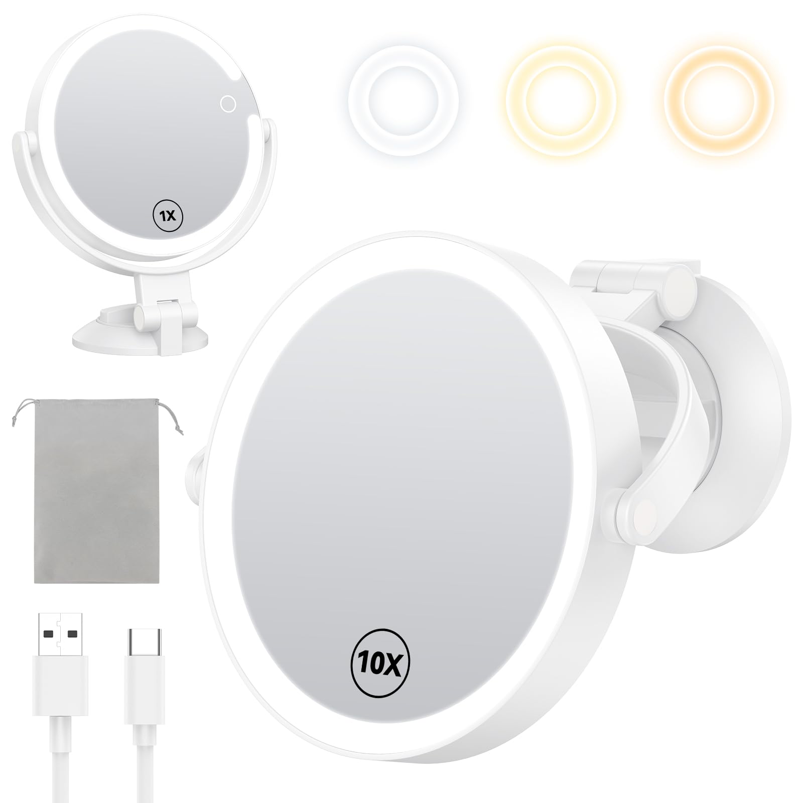 Gospire Espejo de maquillaje montado en la pared de 7 pulgadas con luces y aumento de 10X, espejo de baño iluminado de 3 colores con potente ventosa de bloqueo, afeitado para hombres, LED para
