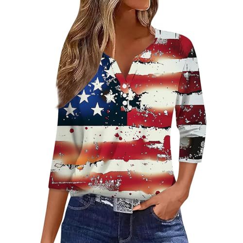 4th of July Shirts for Women Henley V Neck Button 3/4 Sleeve Tops Independence Day American Flag Printed T Shirts