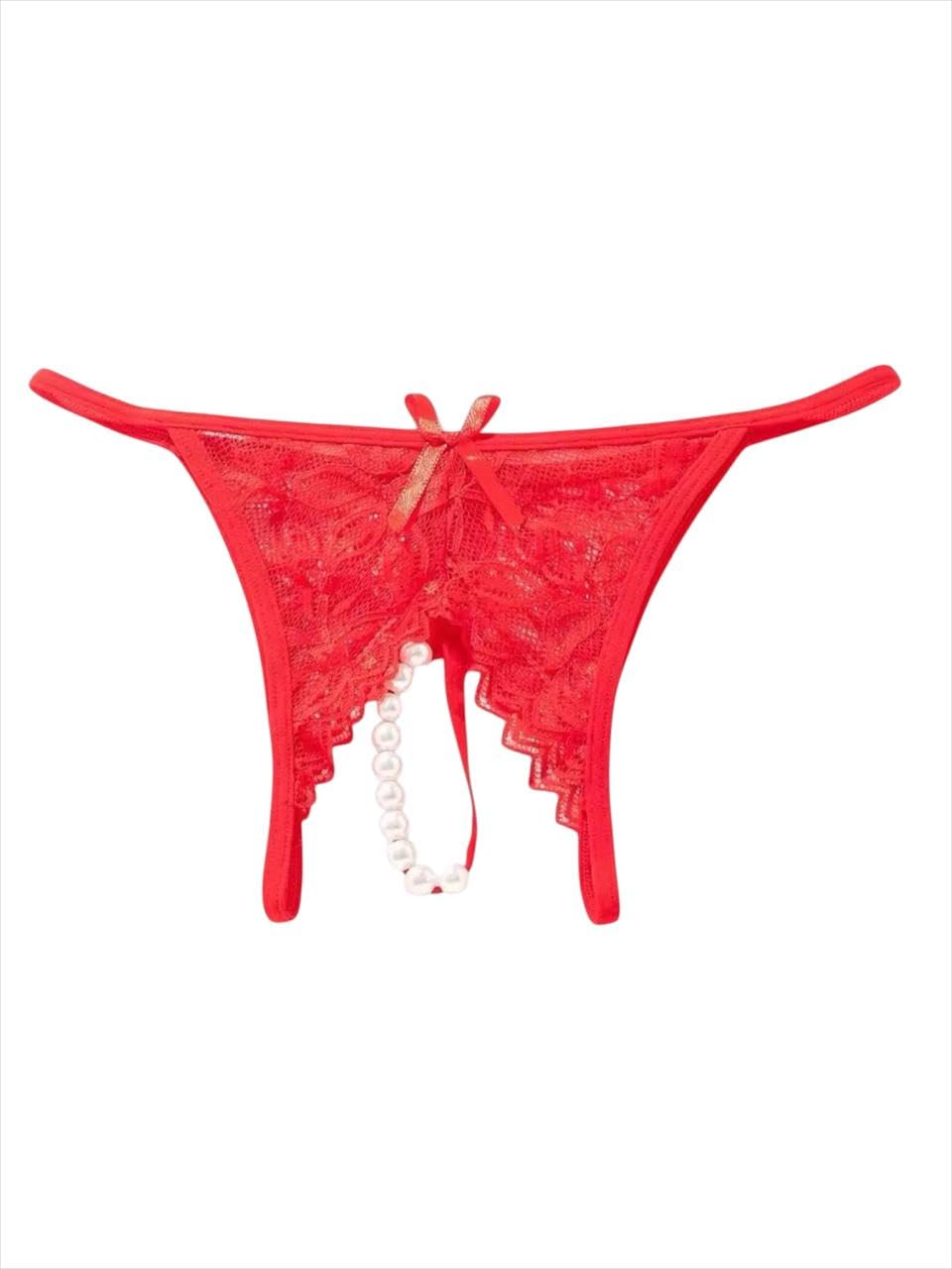 Women's Floral Lace Thong Panty with Pearl String Detail, Black, Romantic Lingerie