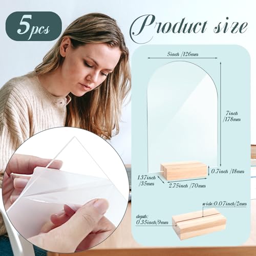 Image of Bercoor 5 Pack 5x7 Inch Blank Clear Arch Acrylic Sign with Wooden Stands, Arched Round Top Acrylic Sheet, DIY Acrylic Arch Table Numbers for DIY Name Card Gifts Event Party Sign Decoration