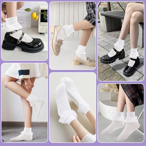 Image of 1 Pair White Ruffle Socks Woman Lace Frilly Ankle Socks Soft Cotton Socks Cute Princess Socks Fashion Dress Socks Lolita Socks for Women (White - 1 pair)