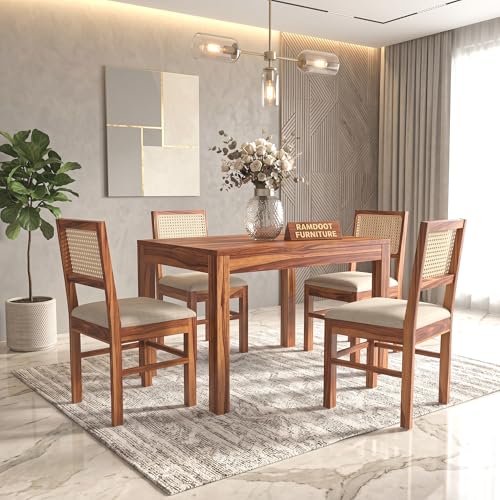 Image of Solid Wood Cane 4 Seater Dining Table Set | Four Seater Dining Table With 4 Cushions Chairs For Dining Room | 4 Seater Dining Set for Hotel Restaurant | Sheesham, D-Honey