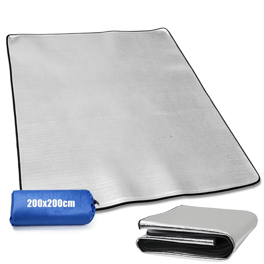 Aluminiowa mata izolacyjna, 200 x 200 cm, karimata piankowa na kemping, składana mata izolacyjna, mata namiotowa, mata podłogowa, mata termiczna z folii aluminiowej i EPE
