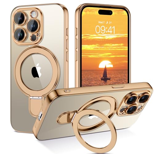 DOMAVER Case for iPhone 15 Pro Compatible with Mag Safe,Invisible Ring Stand Magnetic Case Clear Back Plating Edge Shockproof Protective Case for iPhone 15 Pro 6.1",Titanium Gold