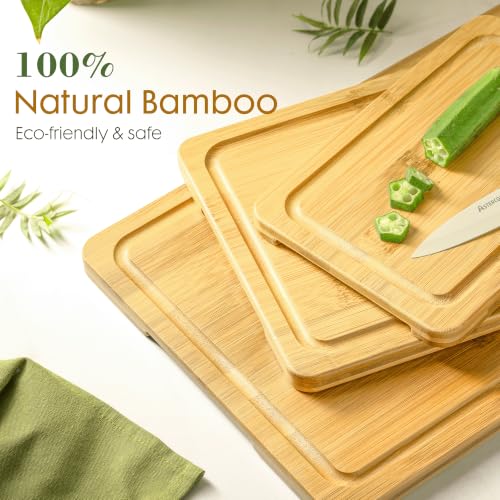 Image of Astercook Nature Bamboo Cutting Boards for Kitchen with Wood Storage Stand, Reversible Charcuterie & Chopping Boards with Juice Grooves and Easy-Grip Handles