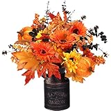 Sggvecsy Artificial Fall Flowers 2 Pcs Floral Arrangement with Metal Pot Fake Floral Stems Autumn Maple Leaves Branches Fall Silk Bouquets with Pumpkins Sunflower for Thanksgiving Home Table Decor