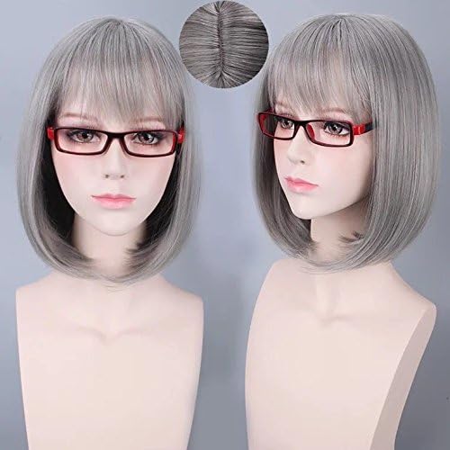 13" Short Bob Straight Hair Wigs with Flat Bangs Synthetic Colorful Cosplay Daily Party Wig for Women Natural As Real Hair+ Free Wig Cap (Silver Gray)