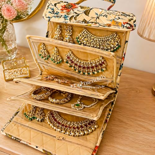 Image of Trendifly Cotton Blend Foldable Multipocket Jewellery Organizer Suitcase Women Embroidery Design Travelling Jewelry Sutcase Bag 5 Transparent Pockets Necklace Bangles Rings Girls (Flower Brown)
