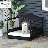 PawHut Rattan Hundeliege Outdoor mit Dach, Erhöhtes Hundebett für kleine und mittelgroße Hunde, Kühlendes Haustierliege mit Metallrahmen, Kissen für Draußen, 69 x 98 x 70 cm, Kaffee-Braun