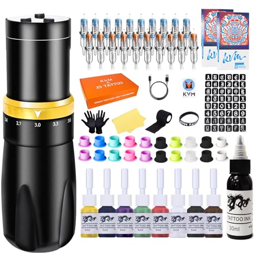 KVM Tattoo Gun Kit,Wireless Tattoo Machine,7 Adjustable Stroke Options,Shorter Body Design,1500mAh Power Supply (Tattoo ink is for tattoo practice only)
