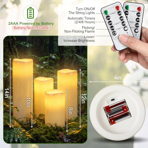 Image of Rossesay 8 inch 10 inch 12 inch 14 inch x 4 inch Large Waterproof Outdoor Flameless Candle, 4 Pcs LED Pillar Candle with Remote and Timer Battery Operated Jumbo Flickering for Halloween Xmas Church (Ivory White, Vivid)