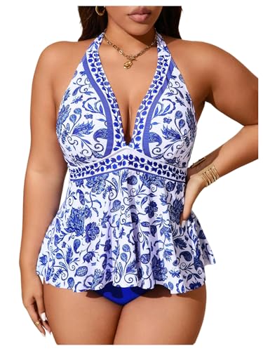 MakeMeChic Women's Plus Size Floral Tankini Sets 2 Piece High Waist Halter Boho Tankini Swimsuits Blue 3X-Large Plus